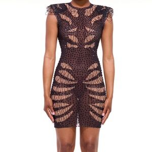 Algist BEYONCE INSPIRED luxury Black Beaded w/ rhinestone Mesh Cutout Dress